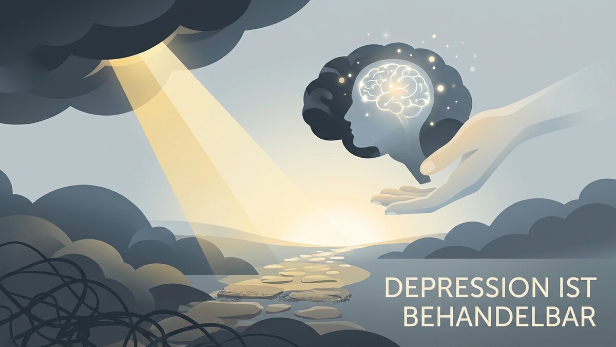 Depression ist behandelbar: Hand stützt leuchtendes Gehirn über Steinpfad im Sonnenlicht