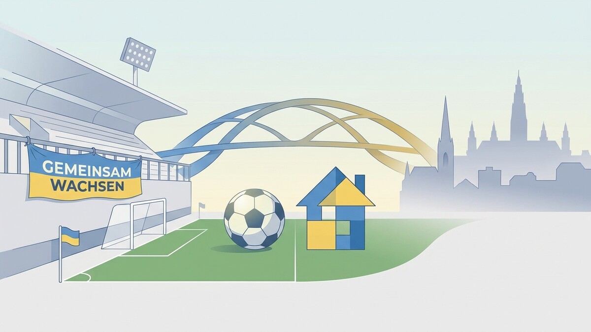 Fußballstadion mit Fahne und Haus-Symbol vor Wiener Skyline