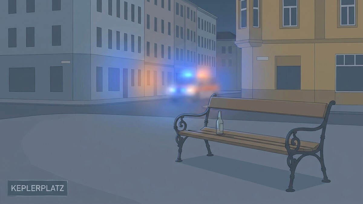 Polizeiauto mit Blaulicht am Keplerplatz in Wien, davor eine leere Flasche auf einer Parkbank.
