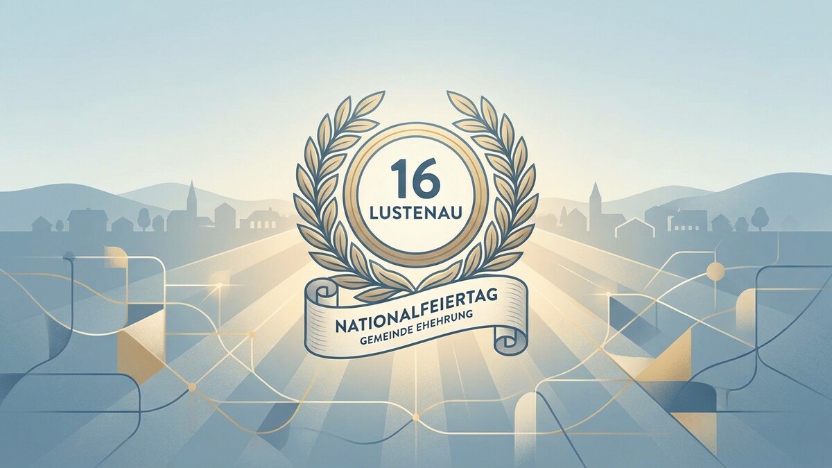Nationalfeiertag Lustenau: Wappen mit Lorbeerkranz und Schriftzug, im Hintergrund Silhouette von Lustenau