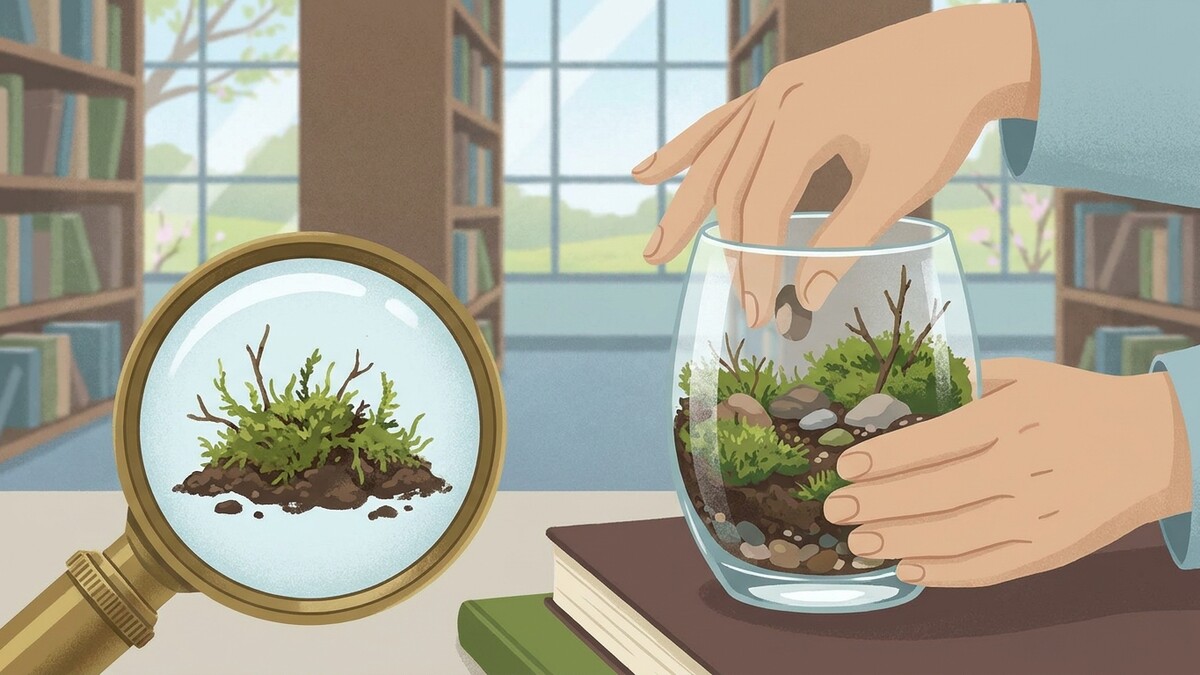 Terrarium-Bau: Hände gestalten Glasbehälter mit Moos und Steinen, Lupe zeigt Pflanze