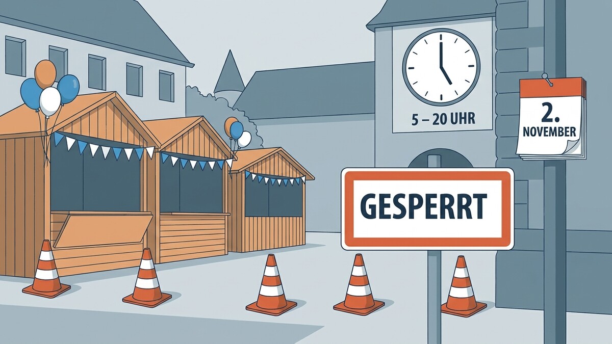Marktstände mit Absperrungen und Hinweisschild "GESPERRT", Kalenderblatt 2. November.