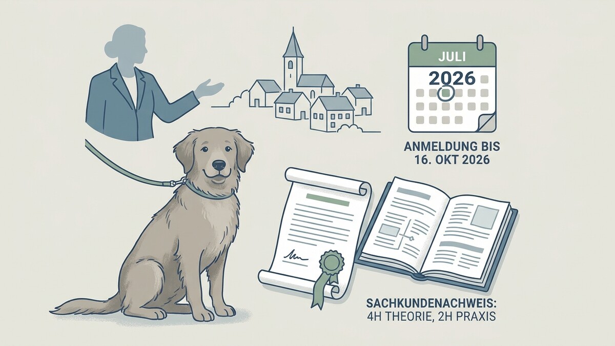 Hund mit Leine, Frau mit Sakko, Dorf, Kalender Juli 2026 und Sachkundenachweis.