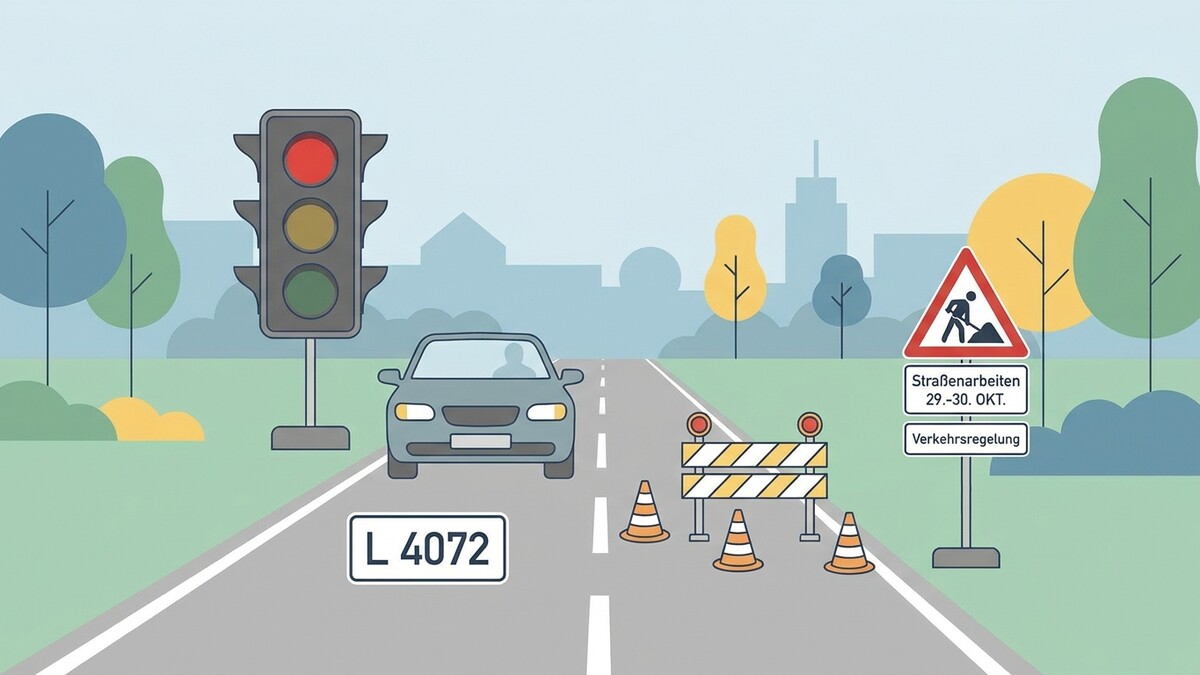 Straßenarbeiten mit Ampel, Baustelle, Verkehrsschild und Auto auf einer Straße