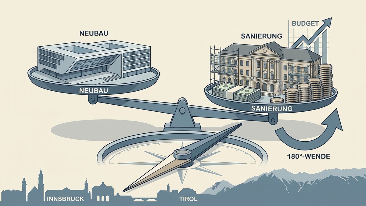 Neubau und Sanierung im Vergleich auf einer Waage mit Innsbruck und Tirol im Hintergrund.