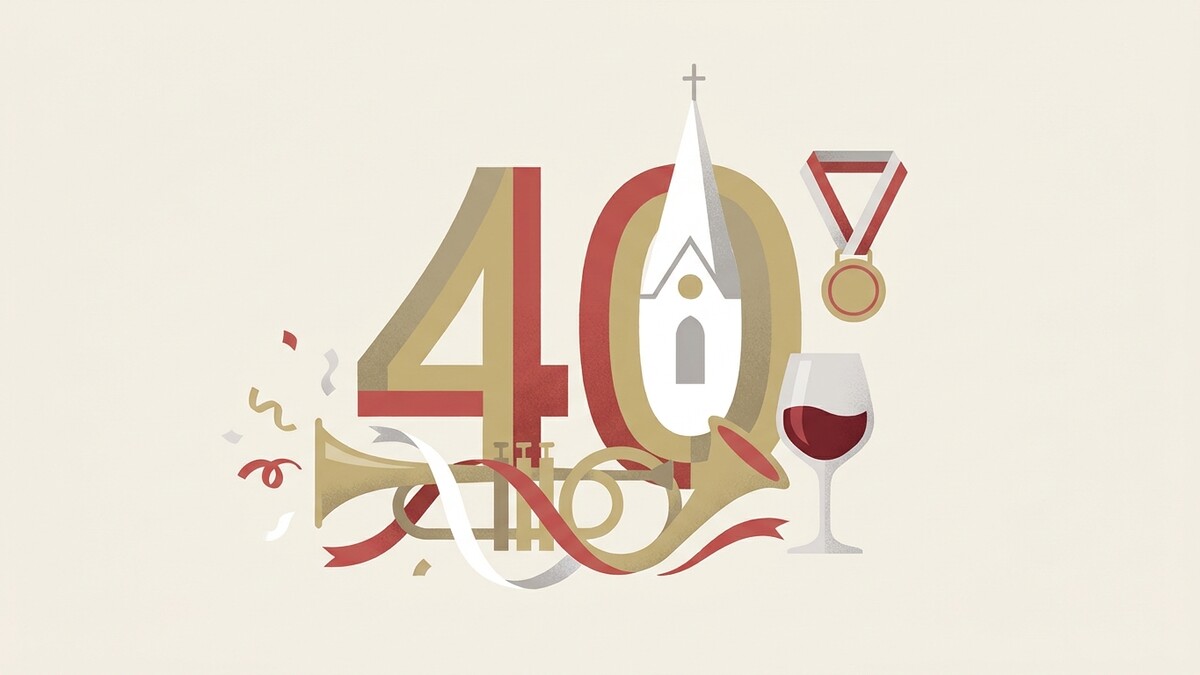 40 Jahre Jubiläum mit Kirche, Trompete, Medaille und Weinglas