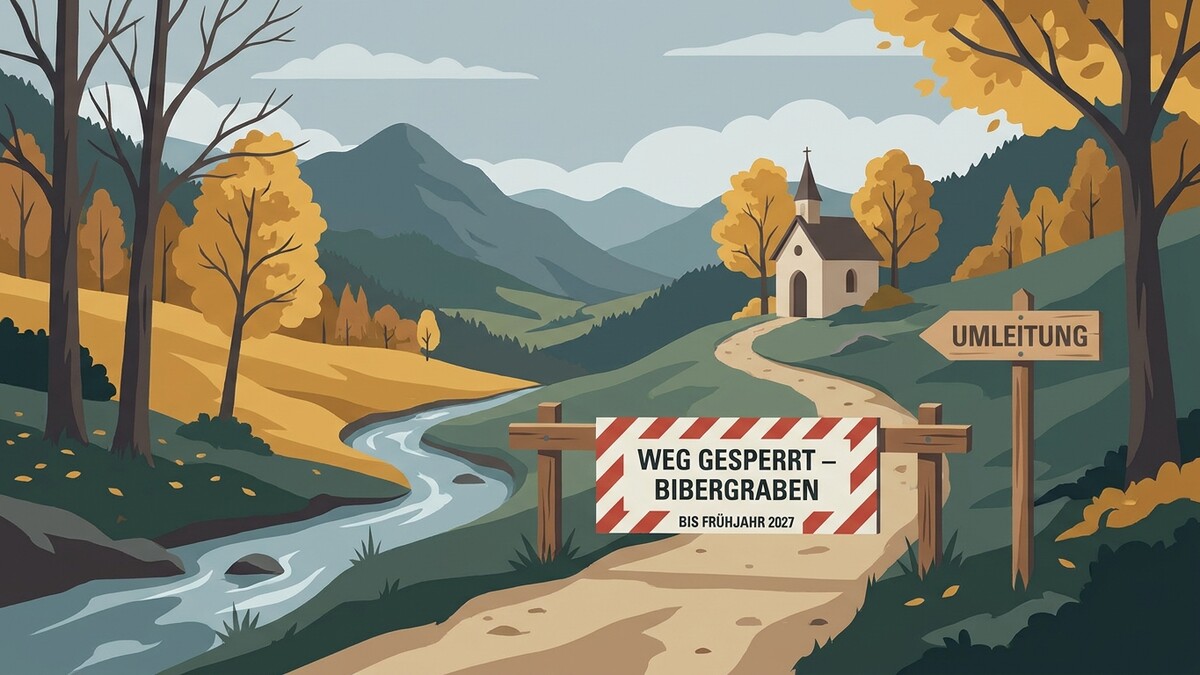 Weg gesperrt Bibergraben bis Frühjahr 2027 mit Umleitungsschild in bergiger Herbstlandschaft