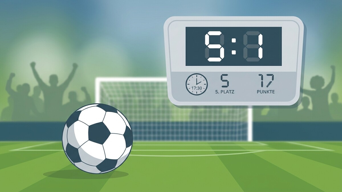 Fußballspiel mit Anzeigetafel 9:1, 5. Platz, 17 Punkte, Uhr 17:30