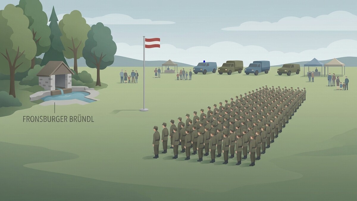 Soldatenaufmarsch am Fronsburger Bründl mit österreichischer Fahne und Militärfahrzeugen