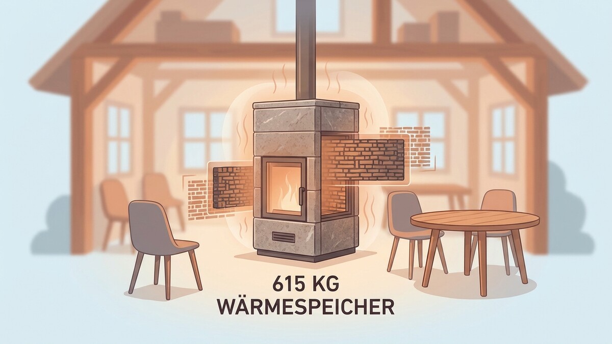 Wärmespeicher mit 615 kg im Inneren eines Hauses mit Kamin und Sitzgelegenheiten