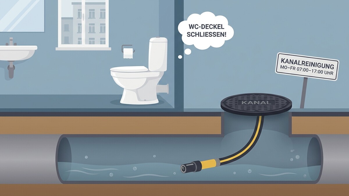 Kanalreinigung: Werkzeug im Rohr, daneben WC und Schild, Wolke mit Text