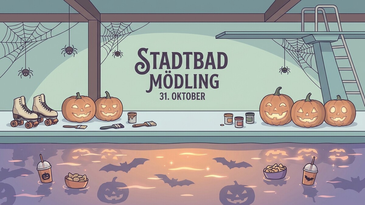 Stadtbad Mödling Halloween Kürbisse Rollschuhe Spinnen und Fledermäuse im Wasser