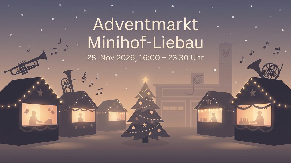Adventmarkt Minihof-Liebau mit Weihnachtsbäumen und Blasinstrumenten