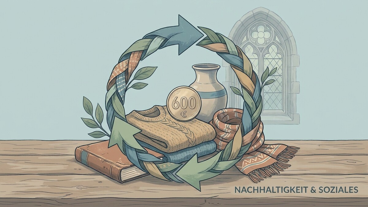 Nachhaltigkeit und Soziales: Kreislauf mit Kleidung, Vase, Buch und Münze