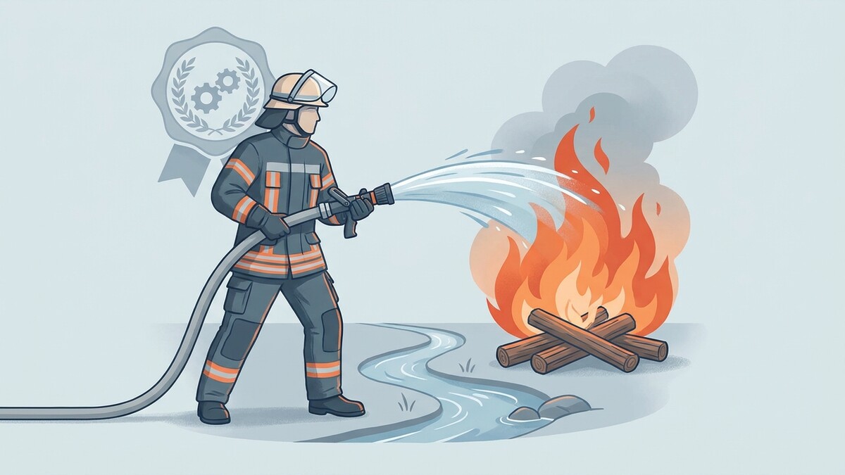 Feuerwehrmann löscht Flammen mit Wasserstrahl, daneben ein Ehrenabzeichen.