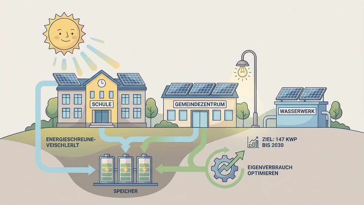 Solarenergie: Schule, Gemeindezentrum und Wasserwerk speisen Strom in Speicher ein und optimieren Eigenverbrauch