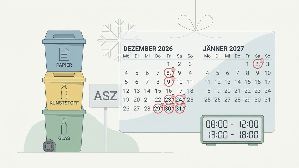 Abfallkalender Dezember 2026 Jänner 2027 mit markierten Entsorgungsterminen und Öffnungszeiten ASZ