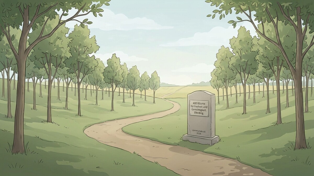 Gedenkstein mit Inschrift „400 Bäume für Freiheit und Gerechtigkeit. Eferding." in Parklandschaft