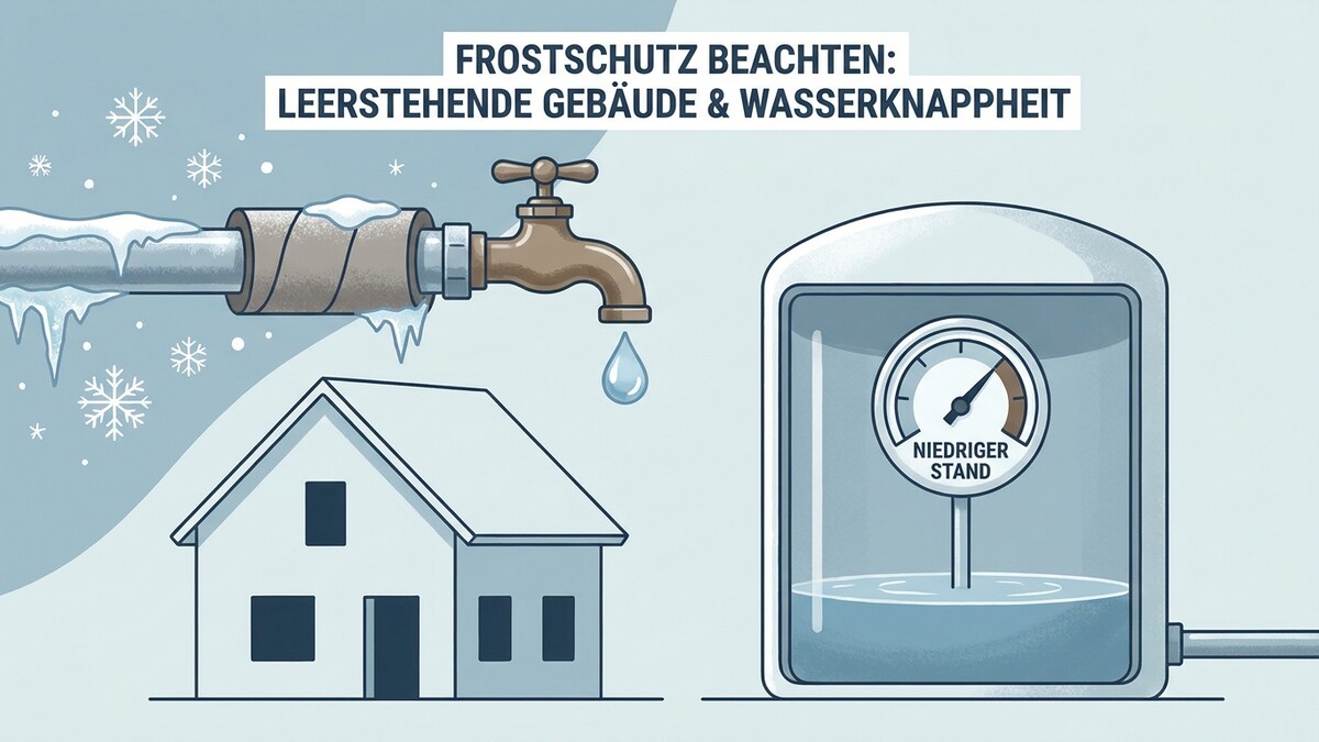 Frostschutz für leerstehende Gebäude und Wasserk એપnappheit: Gefrorene Wasserleitung, Haus, Wasserbehälter mit niedrigem Stand