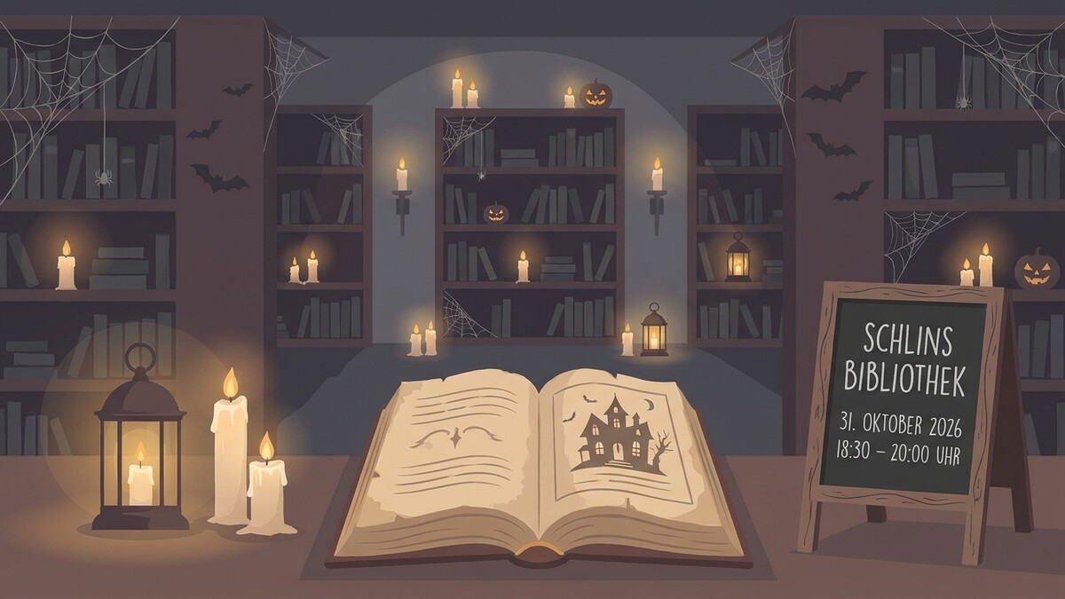 Schlins Bibliothek mit Kürbissen und Spinnweben, offenes Buch mit Spukhaus.