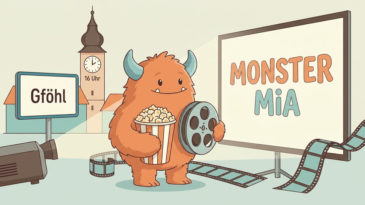 Monsterfilm in Gföhl: Monster mit Popcorn und Filmrolle vor Leinwand