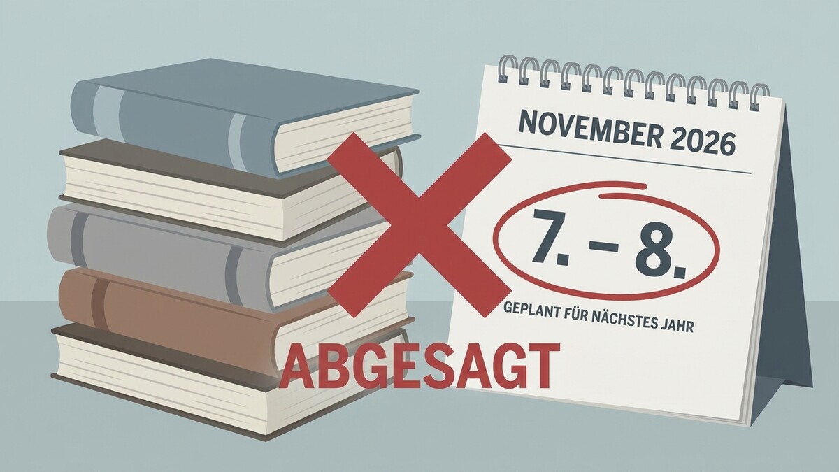 Abgesagte Veranstaltung im November 2026 auf Kalenderblatt mit rotem Kreuz und Büchern