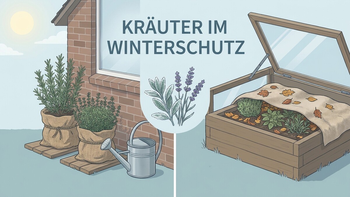 Kräuter im Winterschutz: Rosmarin und Thymian in Säcken, Kräuterbeet mit Vlies und Blättern.