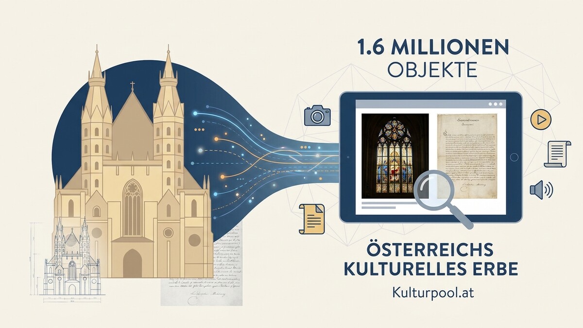 Kulturpool: Stephansdom und Stiftsfenster auf Tablet, 1,6 Millionen Objekte, Österreichs kulturelles Erbe
