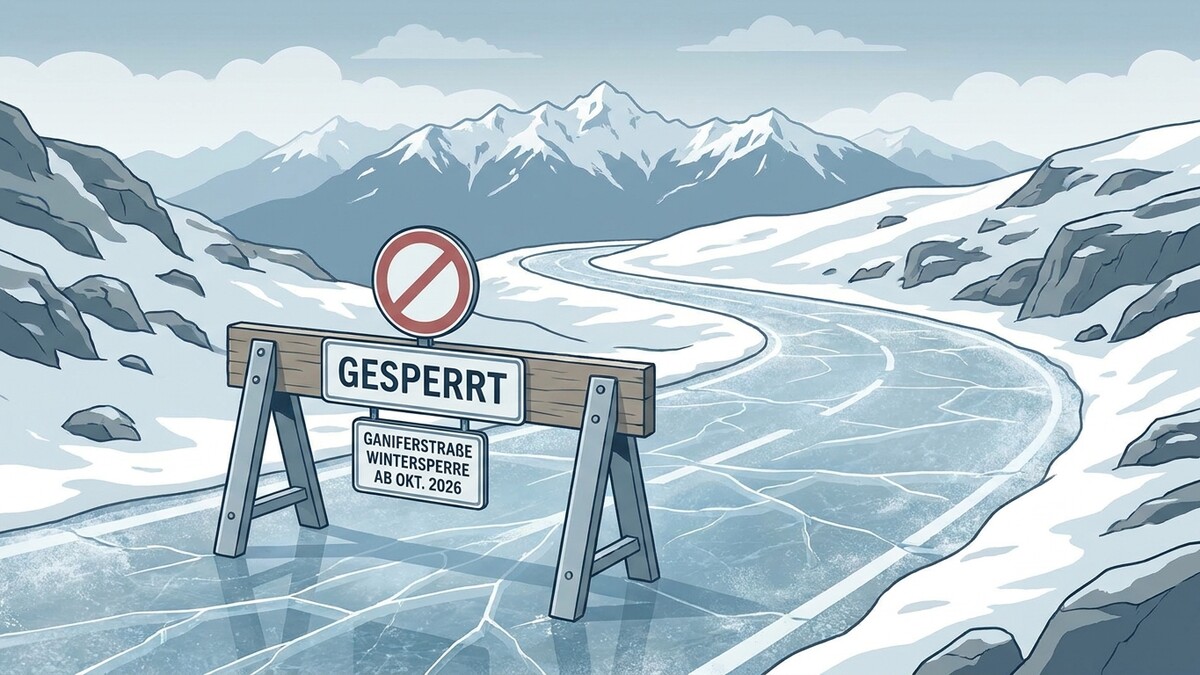 Wintersperre Ganiferstraße ab Okt. 2026: gesperrte Straße in eisiger Berglandschaft