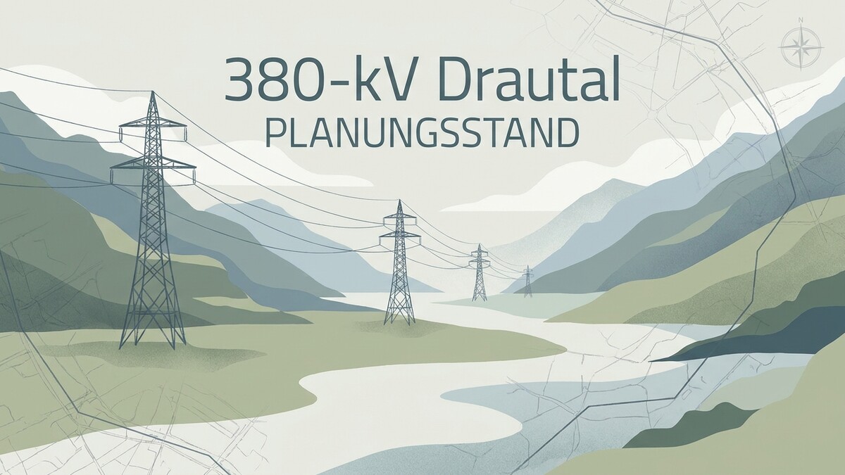 380-kV-Leitung Drautal mit Strommasten in bergiger Landschaft, Planungstand