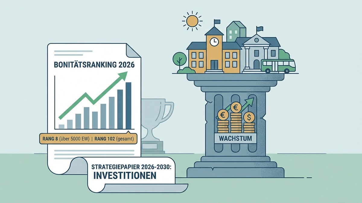 Bonitätsranking 2026 mit steigender Grafik und Münzstapel mit Euro-Symbol, strategisches Papier