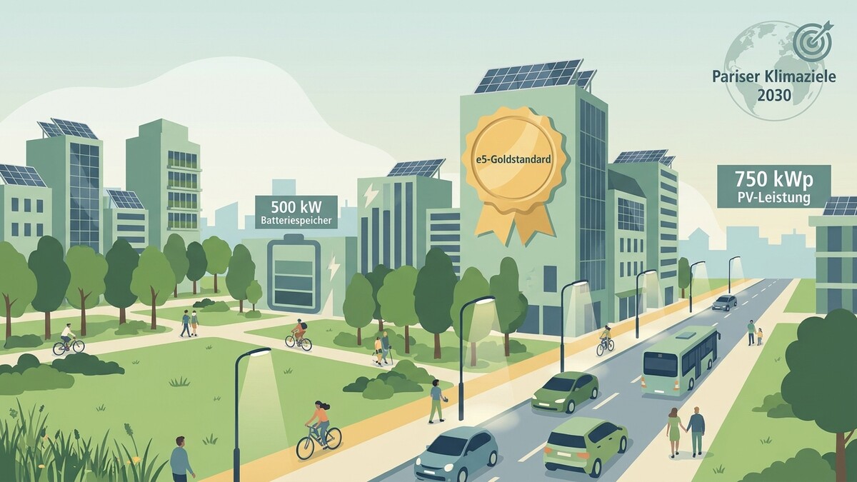 Grüne Stadt mit Solaranlagen, e5-Goldstandard, 500 kW Batteriespeicher und 750 kWp PV-Leistung