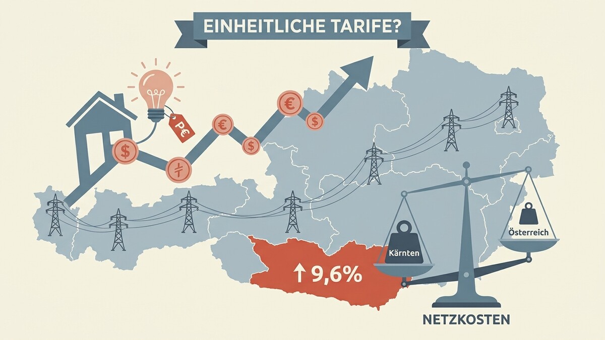 Netzkosten: Grafik zeigt steigende Tarife in Kärnten, Österreich, mit Strommasten und Waage