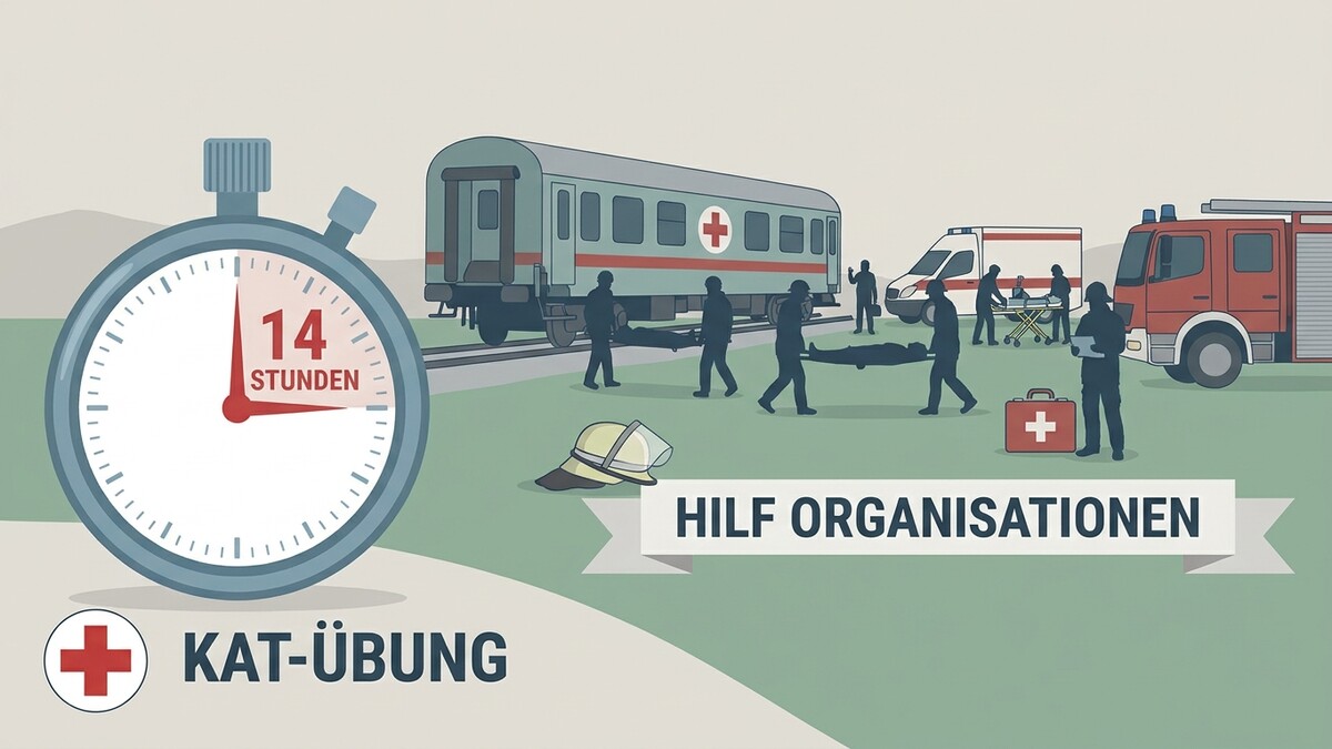 Katastrophenübung mit Zeitmessung und Einsatzkräften bei einem Zugunglück mit Rettungswagen und Feuerwehr.