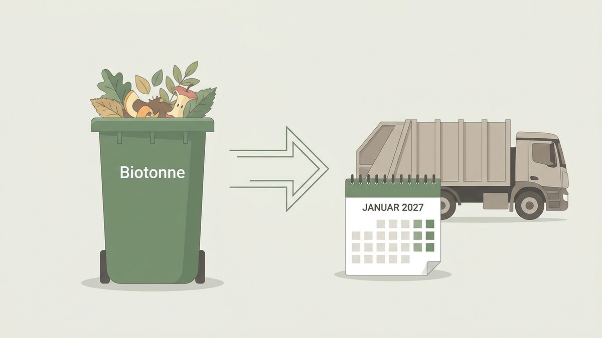 Biotonne mit Inhalt und Pfeil zeigt auf LKW und Kalender Januar 2027