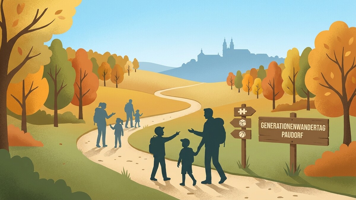 Generationenwandertag Paudorf, Familien wandern im Herbst durch eine Landschaft mit bunten Bäumen.