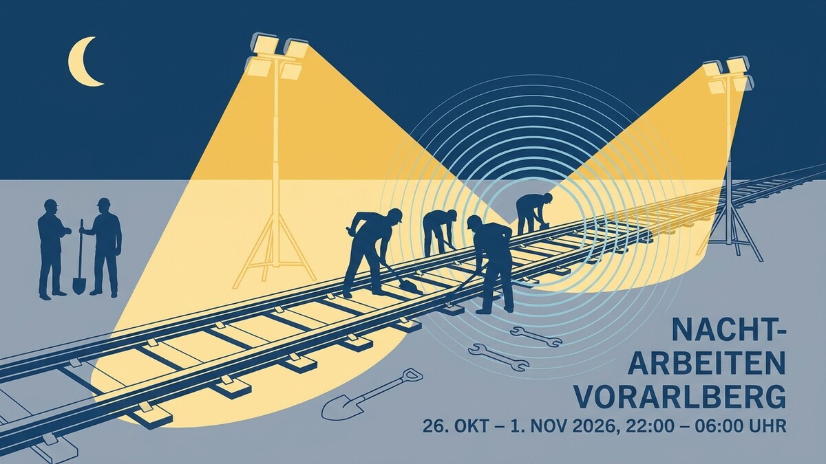 Nachtarbeiten Vorarlberg: Arbeiter auf Bahngleisen im Scheinwerferlicht