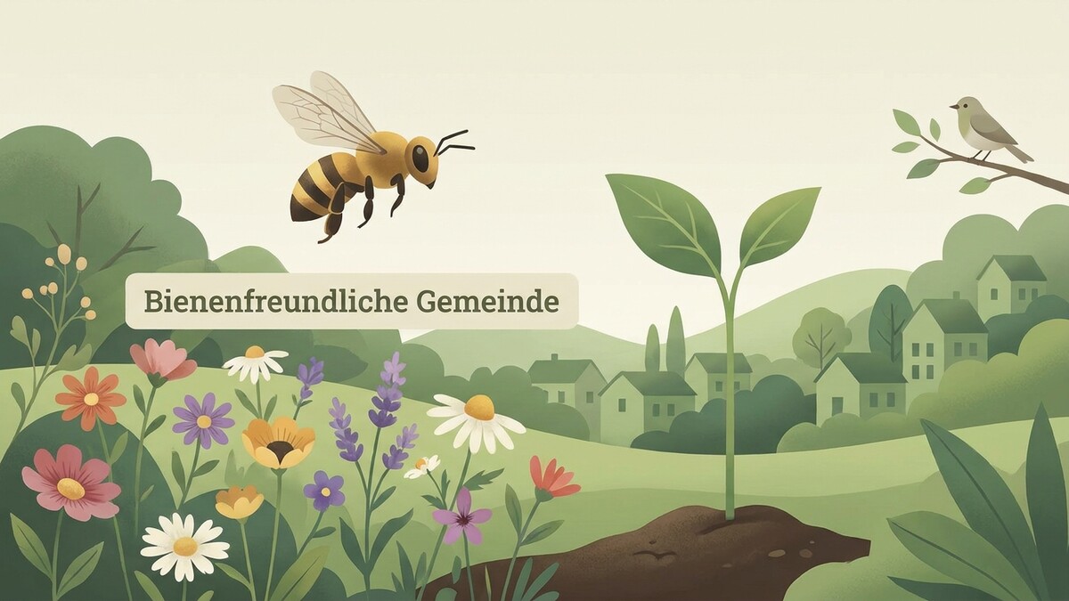 Bienenfreundliche Gemeinde mit blühenden Blumen, einer Biene und Häusern
