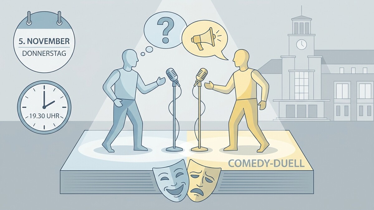 Comedy-Duell am 5. November um 19.30 Uhr mit zwei Personen auf Bühne vor Gebäude