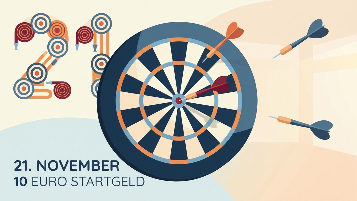 Dartscheibe mit Pfeilen und der Zahl 21, 21. November, 10 Euro Startgeld.