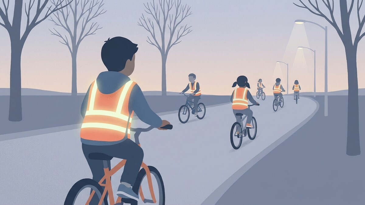 Kinder in Warnwesten fahren Rad auf einer Straße mit Laternen im Morgengrauen