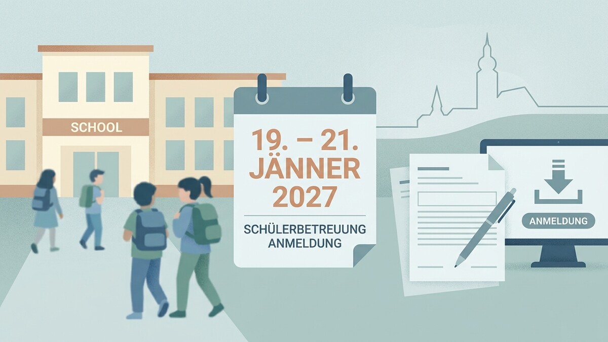 Schülerbetreuung Anmeldung 19.-21. Jänner 2027 vor Schulgebäude und Computer