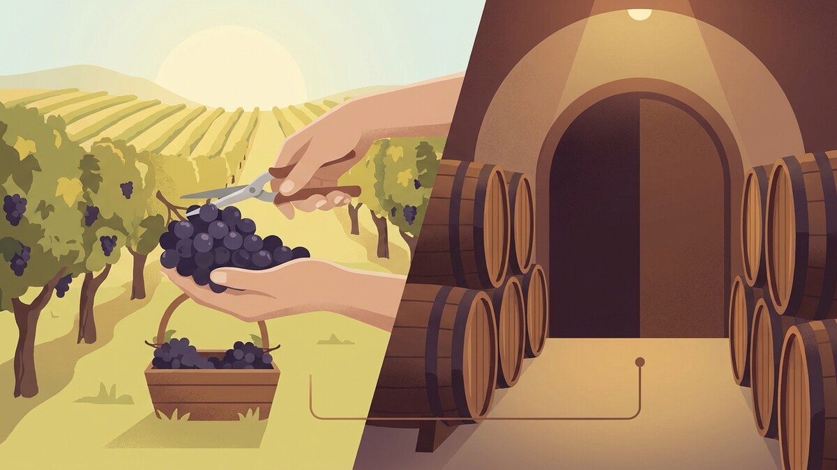 Weinlese im Weingarten und Fässer in einem Weinkeller
