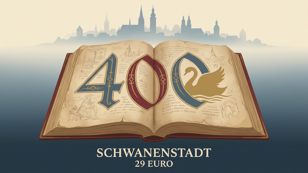Altes Buch mit der Zahl 400 und Schwan vor Wiener Stadtsilhouette