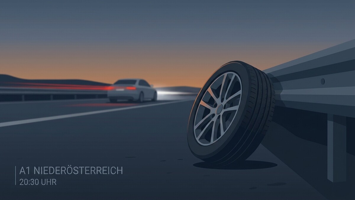 Autoreifen an Leitplanke auf A1 Niederösterreich bei Dämmerung mit fahrendem Auto