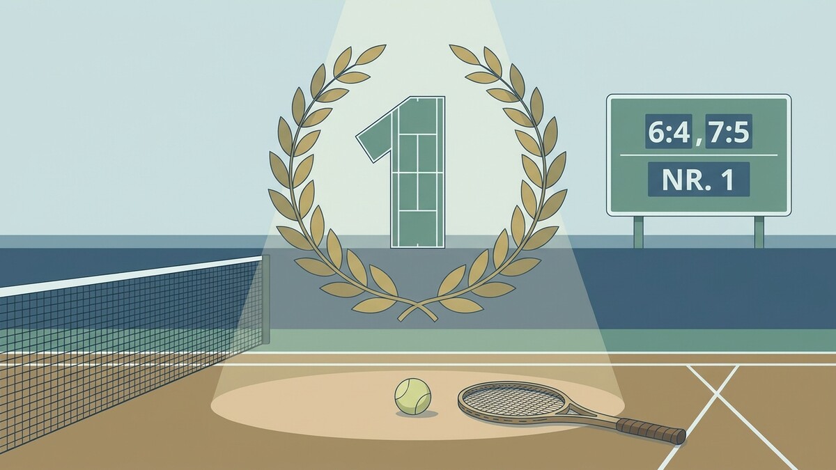 Tennis: Lorbeerkranz mit eins, Ball, Schläger und Anzeigetafel mit Ergebnis