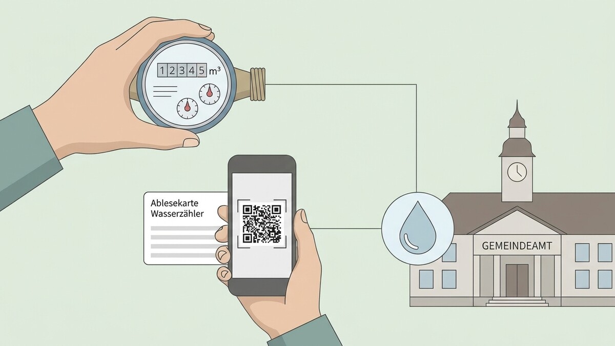 Wasserzählerablesung per Smartphone mit QR-Code und Gemeindebäude