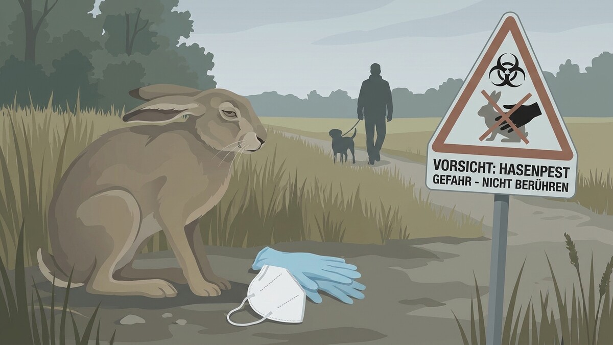 Hasenpest-Warnschild mit Feldhase, Maske und Handschuhen, Spaziergänger mit Hund
