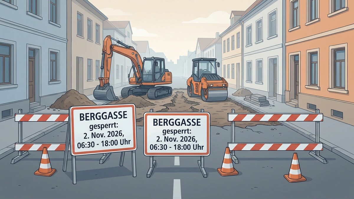 Bergasse gesperrt: 2. Nov. 2026, 06:30–18:00 Uhr, Bagger und Walze im Einsatz