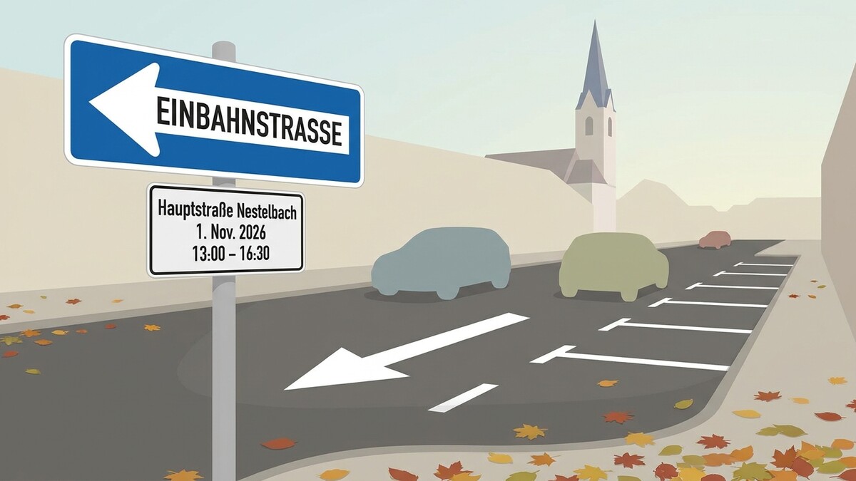 Einbahnstraße Hauptstraße Nestelbach mit Hinweisschild und Autos